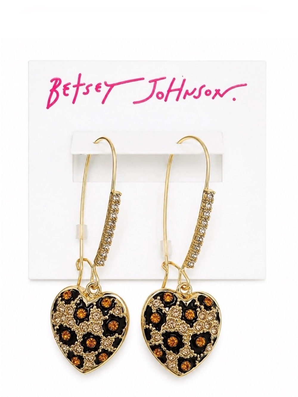 Betsey Johnson leopard animal print pave crystal heart dangling earrings NWT